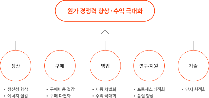 원가 경쟁력 향상및 수익 극대화를 위한 활동으로는 생산(생산성 향상, 에너지절감), 구매(구매비용 절감, 구매 다변화), 영업(제품 차별화, 수익 극대화), 연구/지원(프로세스 최적화, 품질 향상), 기술(단지 최적화)이 있다.