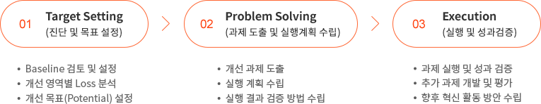 1.Target Setting(진단 및 목표 설정) : Baseline 검토 및 설정, 개선 영역별 Loss분석, 개선 목표(Potential) 설정 -> 2.Problem Solving(과제 도출 및 실행계획 수립) : 개선 과제 도출, 실행 계획 수립, 실행 결과 검증 방법 수립 -> 3.Execution(실행 및 성과검증) : 과제 실행 및 성과 검증, 추가 과제 개발 및 평가, 향후 혁신 활동 방안 수립